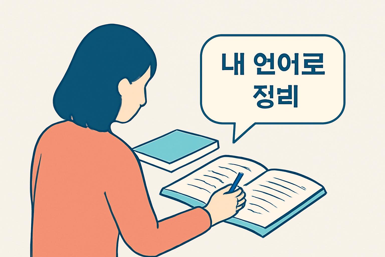 자신만의 언어로 정리하는 학습법을 설명하는 깔끔한 학습 이미지